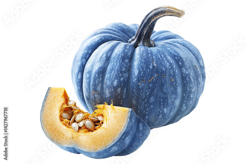 Connecticut pumpkin with green stem and cut slice isolated on white transparent background, great for autumn themes and decorations photo
