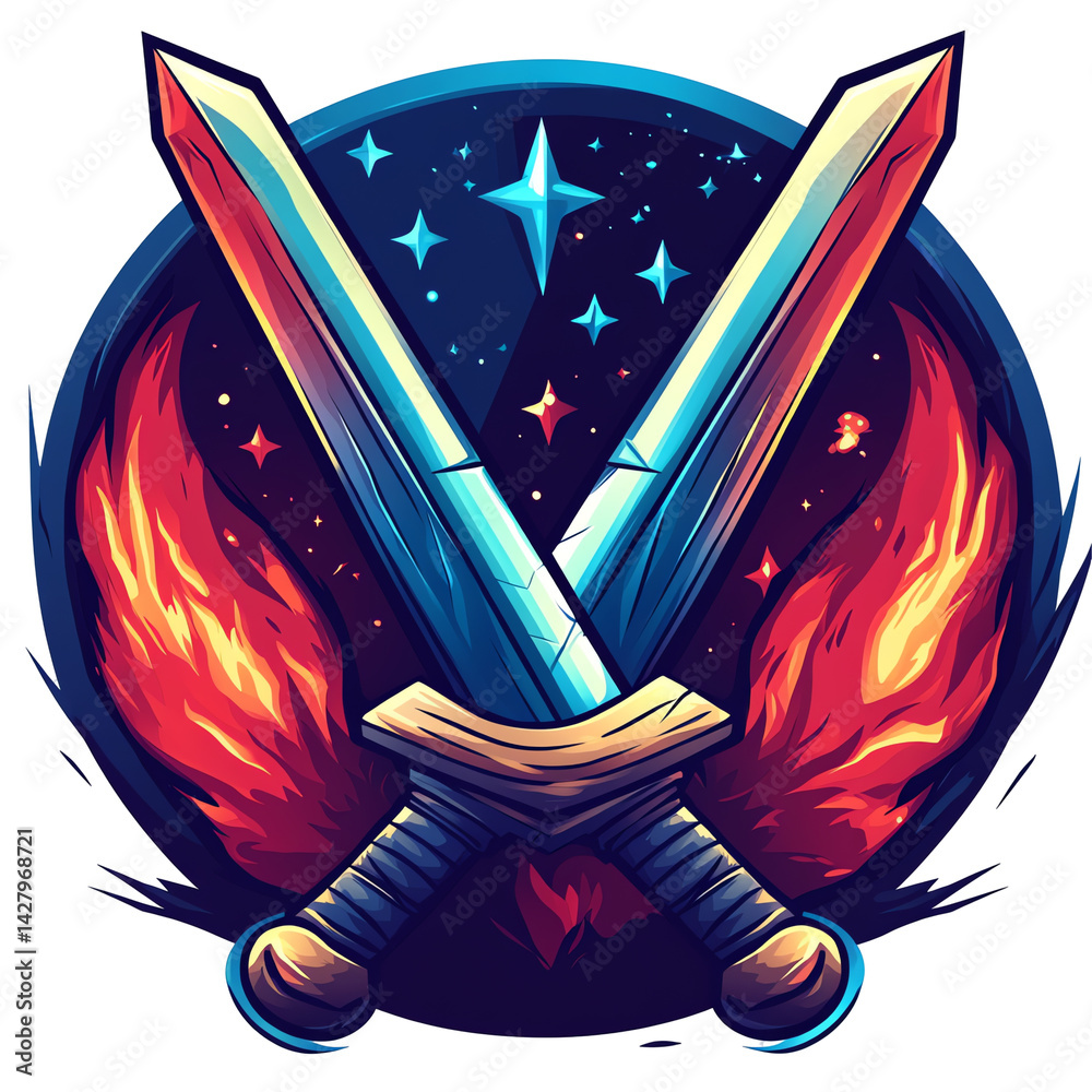 Naklejka premium Illustration - Crossed Swords, Fire, Stars, and Space Background