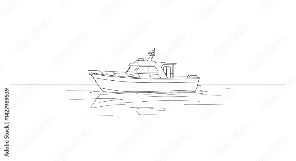 Naklejka premium Simple line drawing of a motorboat on calm water