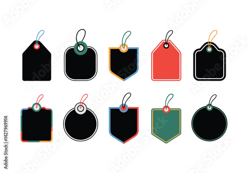 Colorful and black price tag vector icons with string attachments in various shapes and styles