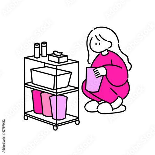 シャンプーをたくさんストックしている女の子のイラスト