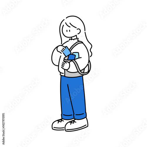 道端で配られるティッシュを欠かさず貰う女の子のイラスト