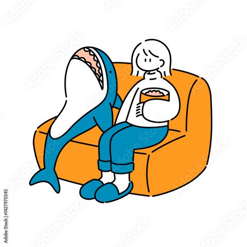 サメと一緒に映画を見る女の子のイラスト