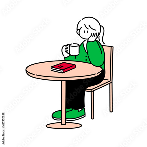 カフェで本を読み始めるも、すぐに飽きてしまった女の子のイラスト
