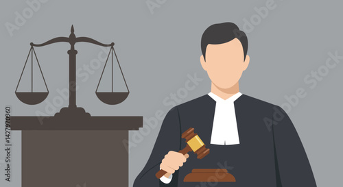 Flat Illustration Vector Holding Gavel Before Scales of Justice in Court