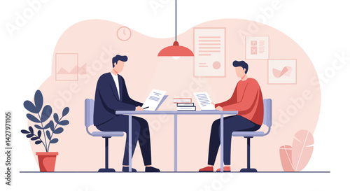 Flat Illustration Vector Two People Discussing Documents at a Table Meeting