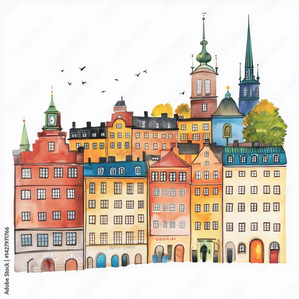 Fototapeta premium Gamla Stan. Gamla Stan hand drawn watercolor illustration