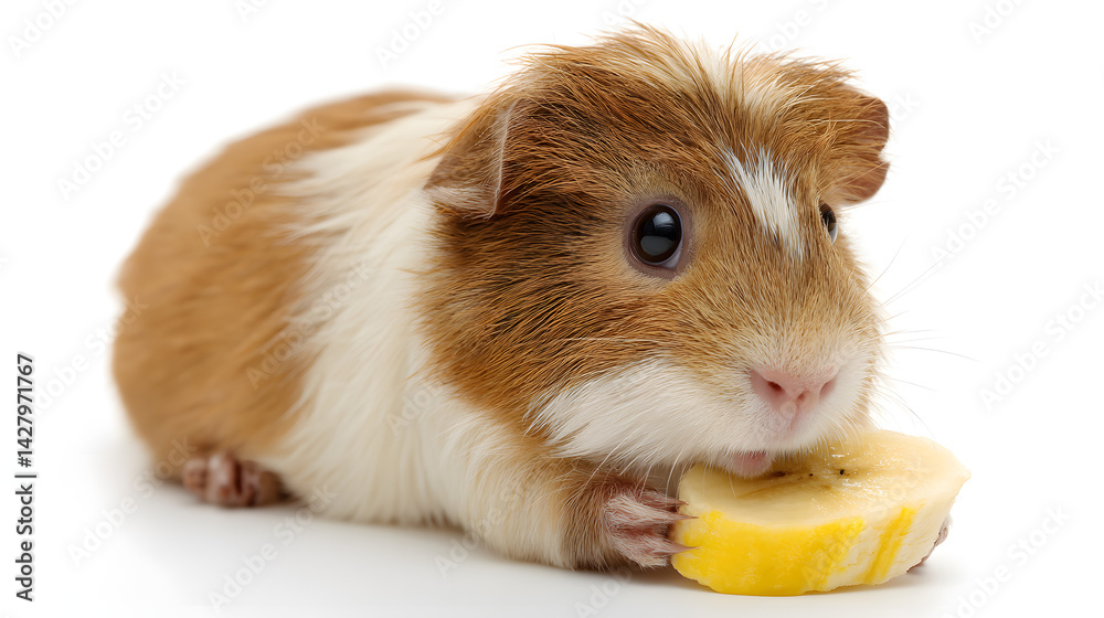 Fototapeta premium Chubby Guinea Pig Holding Tiny Banana – Funny Pet Close-Up on White
