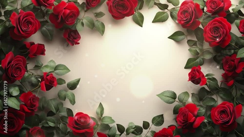 Red rose flowers and leave frame with beige background, copy space for design, text