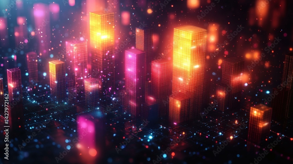 Abstract luminous digital city with glowing building blocks and interconnected network, representing complex futuristic architecture Abstract luminous digital city with glowing building blocks and interconnected network, representing complex futuristic architecture