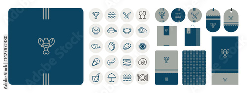 Image de marque pour un restaurant de fruits de mer, poissons, crustacés, viviers, criée,  poissonnerie, marché, grossiste, branding, logo, icônes, emblème homard, symbole, Bretagne
