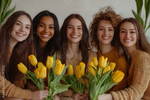 Diverse women smiling, holding yellow tulips