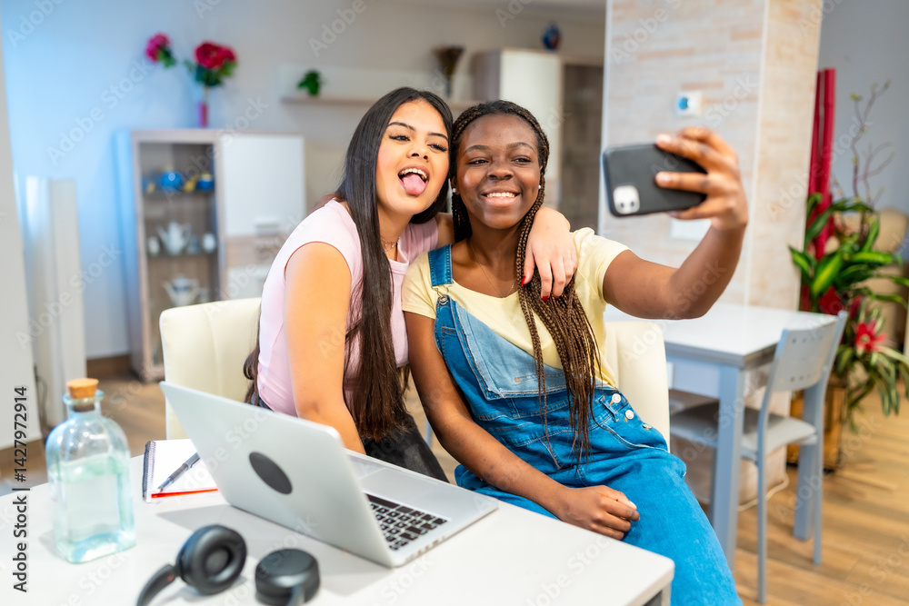 Teenage girls taking selfie while studying at home