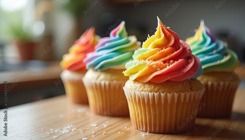 Row of cupcakes with rainbow icing. Colorful frosting swirls on delicious pastries. Sweet treats for celebration, pride month, happy event, party or birthday.