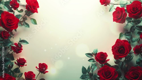 Red rose flowers and leave frame with beige background, copy space for design, text