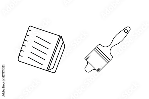 Minimalist Outline Illustration Of Paintbrush And Wood Block For Creative Projects
