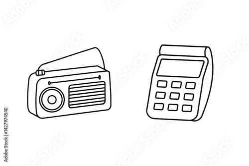 Retro Radio And Calculator Outline Icon Set On White Background Illustration
