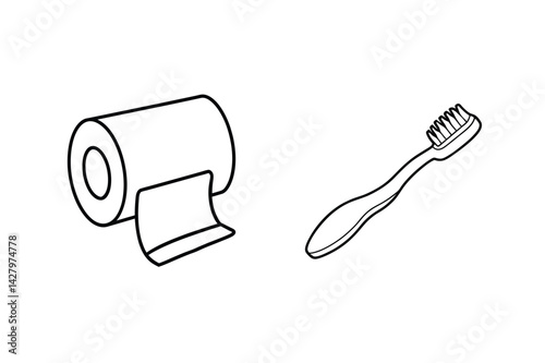 Black And White Outline Illustration Of Toilet Paper Roll And Toothbrush