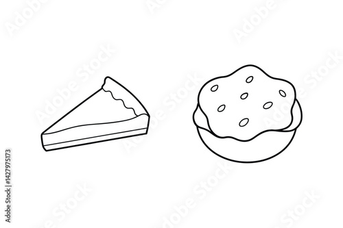 Line Art Drawing Of A Piece Of Pie And Dessert In Bowl Illustration