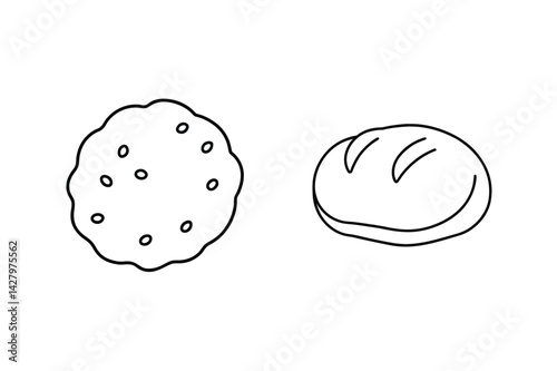 Black And White Line Art Illustration Of A Cookie And Bread