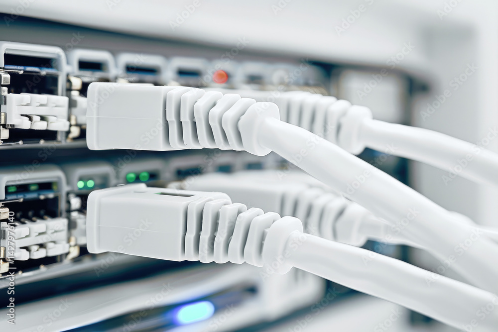 Close-up of network cables plugged into a server, symbolizing connectivity, data flow, and modern digital infrastructure. Close-up of network cables plugged into a server, symbolizing connectivity, data flow, and modern digital infrastructure.