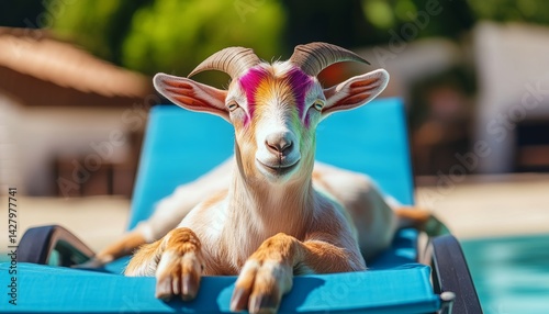 Goat is laying on a blue lounge chair. The goat is wearing pink and purple face paint