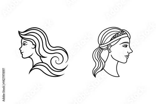 Vector Line Art Depicting Elegant Woman Portraits In Minimalist Outline Style