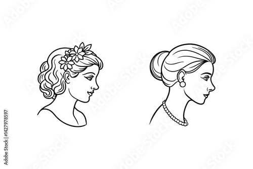 Two Elegant Woman Profiles In Line Art With Vintage Hair Styles