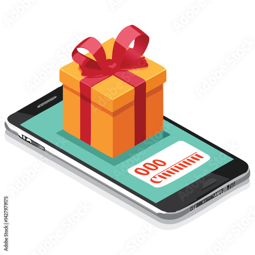 Smartphone with open gift box and discount voucher or coupon percentage sale
