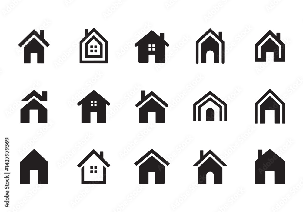 Minimalist home and house icons in solid and outlined black vector styles Minimalist home and house icons in solid and outlined black vector styles