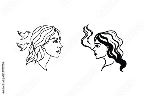 Duality Of Women Two Female Faces With Birds And Smoke Illustration