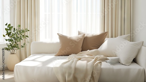 Earth-tone pillows and a cotton throw on a minimalist daybed with plants