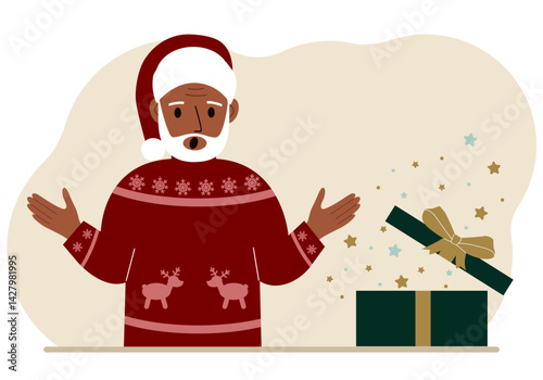 A man near an open Christmas or New Year's gift. Gift box for winter holidays. Vector flat illustration