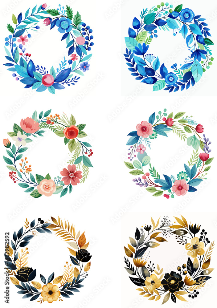 Fototapeta premium Set of Elegant Floral Wreath Collection Featuring Six Decorative Designs