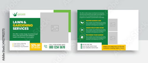 Lawn Mower Garden or Landscaping Service Postcard Template. Eddm Postcard Design, Event Card Design, Direct Mail Template, Invitation Design. leaflet, grass, equipment, gardener