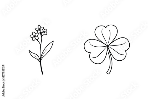 Simple Outlines Of Forget Me Not Flowers And A Shamrock Leaf