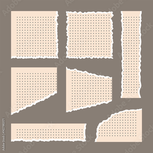 Vector set of torn paper elements with dot grid, ripped notebook pages with irregular edges, craft paper pieces on background