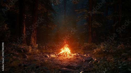 Forest campfire illuminates a tranquil woodland night.