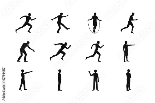 Set of silhouette people in various poses running jumping skipping standing