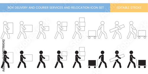box delivery icon set, cargo, courier service, weight transfer, vector, illustration, customizable