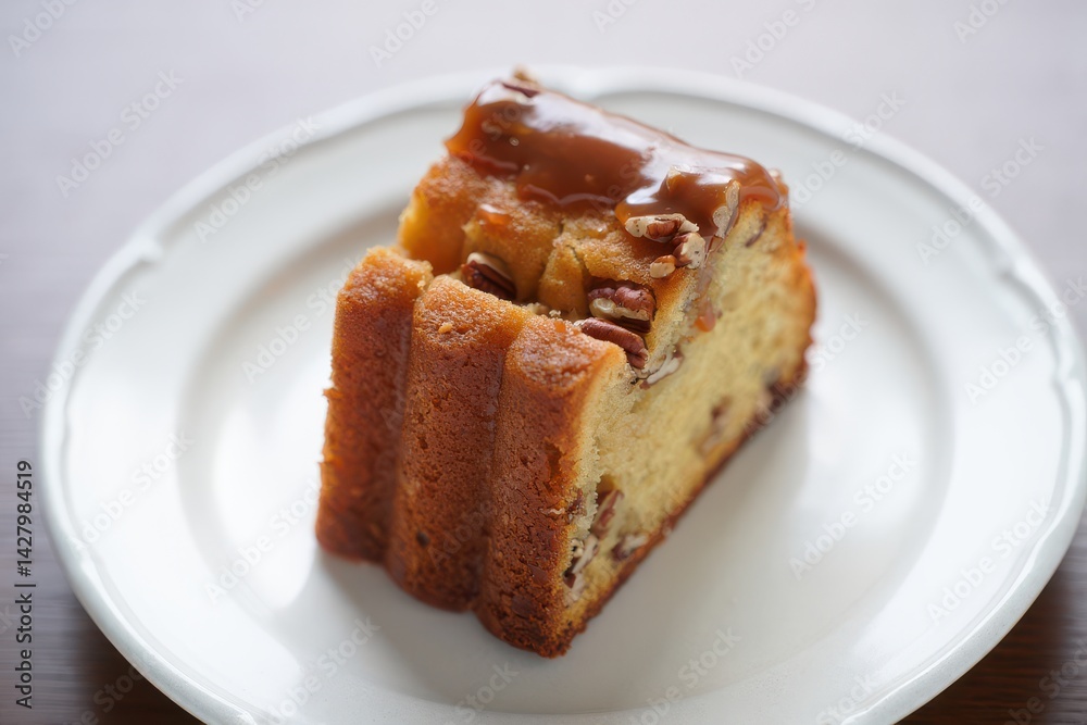 Pecan caramel pound cake baked in a bundt pan slice on a plate Pecan caramel pound cake baked in a bundt pan slice on a plate