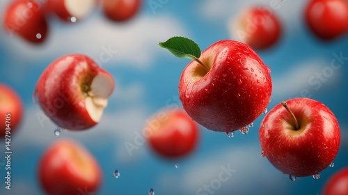 Bunch of apples are flying through the air with one of them having a bite taken out of it