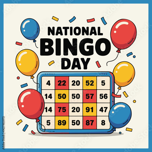 Playful National Bingo Day Designs Featuring Bingo Balls, Cards, and Celebration Elements in Solid Colors for Event Promotion