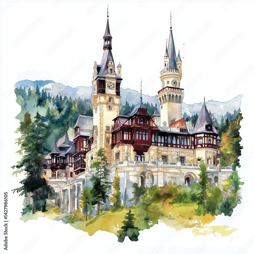 Peles Castle. Peles Castle hand drawn watercolor illustration Peles Castle. Peles Castle hand drawn watercolor illustration