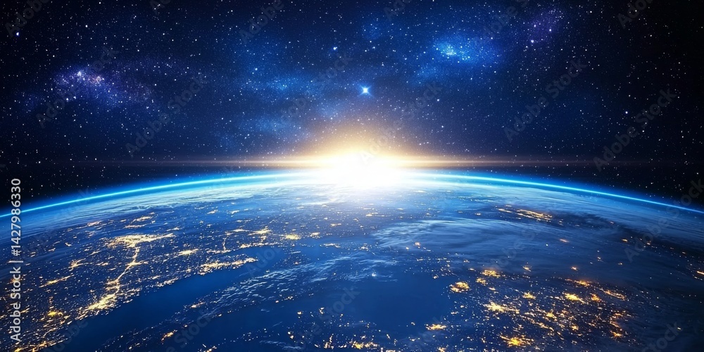 Obraz premium Stunning Aerial View of Earth at Night with Bright City Lights and Starry Sky Above, Capturing the Beauty of our Planet from Space