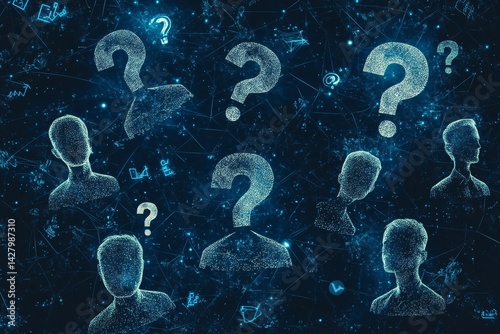 Abstract digital illustration of profiles and question marks, suggesting uncertainty and data analysis