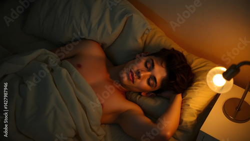 young man sleep in bed at night use