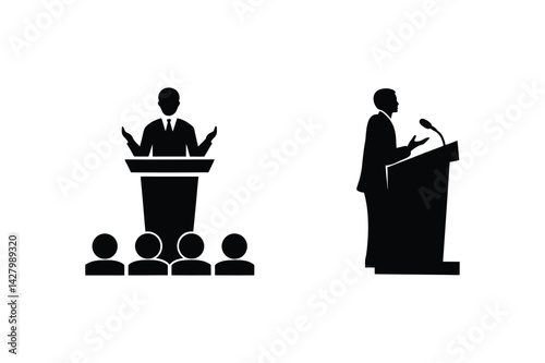 Man giving speech at podium silhouette for presentation and public speaking icon