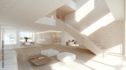 Modern interior design showcase open concept home minimalist living room bright environment wide angle view