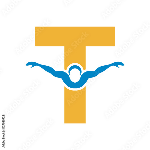 Swimming Logo combine with letter T vector template